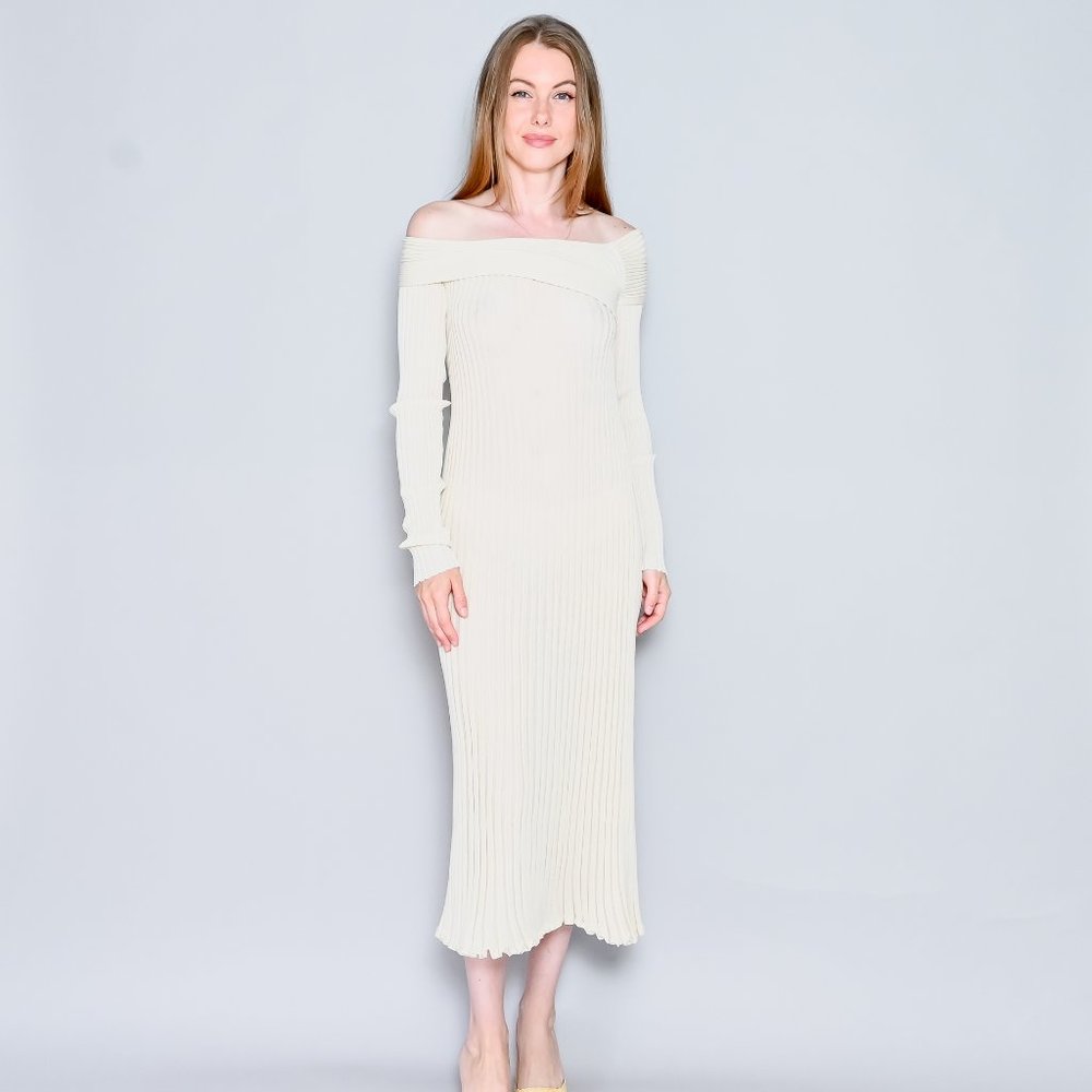 GIA STUDIOS Off-the-Shoulder Ribbed-Knit Midi Dress Cream Sz 38